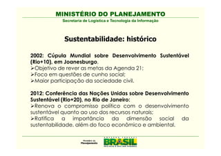 MINISTÉRIO DO PLANEJAMENTO
           Secretaria de Logística e Tecnologia da Informação



            Sustentabilidade: histórico

2002: Cúpula Mundial sobre Desenvolvimento Sustentável
(Rio+10), em Joanesburgo.
  Objetivo de rever as metas da Agenda 21;
  Foco em questões de cunho social;
  Maior participação da sociedade civil.

2012: Conferência das Nações Unidas sobre Desenvolvimento
Sustentável (Rio+20), no Rio de Janeiro:
  Renova o compromisso político com o desenvolvimento
sustentável quanto ao uso dos recursos naturais;
  Ratifica a importância da dimensão social da
sustentabilidade, além do foco econômico e ambiental.
 