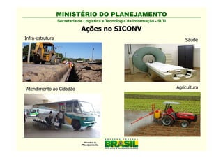 MINISTÉRIO DO PLANEJAMENTO
                  Secretaria de Logística e Tecnologia da Informação - SLTI

                              Ações no SICONV
Infra-estrutura                                                                   Saúde




Atendimento ao Cidadão                                                        Agricultura
 