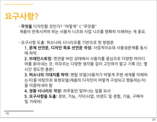 요구사항?
     - 무엇을 디자인할 것인가? "어떻게" < "무엇을"
      제품이 만족시켜야 하는 사용자 니즈와 사업 니즈를 명확히 이해하는 게 중요.

     - 요구사항 도출: 퍼소나와 시나리오를 기반으로 한 방법론
        1. 문제 선언문, 디자인 목표 선언문 작성: 사업적이슈와 사용성문제를 동시
        에 파악.
        2. 브레인스토밍: 편견을 버린 상태에서 사용자를 중심으로 다양한 아이디
        어를 쏟아내는 것. 떠오르는 다양한 생각을 깊이 고민하지 말고 기록 (단, 몇
        시간 정도면 충분)
        3. 퍼소나의 기대치를 파악: 멘탈 모델(사용자가 어떻게 주변 세계를 이해하
        는지)을 바탕으로 표현모델(제품의 디자인이 어떻게 구성되고 행동하는지)
        을 이끌어내야 함
        4. 정황 시나리오 작성: 하루동안 일어나는 일을 묘사
        5. 요구사항을 도출: 정보, 기능, 기타(사업, 브랜드 및 경험, 기술, 구매자
        및 거래처)

16
                                                        23
 