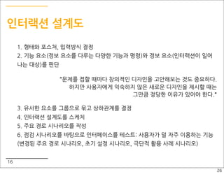 인터랙션 설계도
     1. 형태와 포스처, 입력방식 결정
     2. 기능 요소(정보 요소를 다루는 다양한 기능과 명령)와 정보 요소(인터랙션이 일어
     나는 대상)를 판단

                  "문제를 접할 때마다 창의적인 디자인을 고안해보는 것도 중요하다.
                    하지만 사용자에게 익숙하지 않은 새로운 디자인을 제시할 때는
                                   그만큼 정당한 이유가 있어야 한다."

     3. 유사한 요소를 그룹으로 묶고 상하관계를 결정
     4. 인터랙션 설계도를 스케치
     5. 주요 경로 시나리오를 작성
     6. 점검 시나리오를 바탕으로 인터페이스를 테스트: 사용자가 덜 자주 이용하는 기능
     (변경된 주요 경로 시나리오, 초기 설정 시나리오, 극단적 활용 사례 시나리오)


16
                                                       26
 