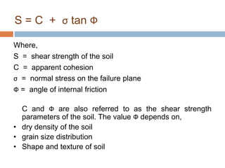 Where,
S = shear strength of the soil
C = apparent cohesion
σ = normal stress on the failure plane
Ф = angle of internal friction
S = C + σ tan Ф
C and Ф are also referred to as the shear strength
parameters of the soil. The value Ф depends on,
• dry density of the soil
• grain size distribution
• Shape and texture of soil
 