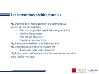 Les intentions architecturales
•1/ Démolition et remplacement du bâtiment EC5
par un bâtiment modulaire
- Plan masse général (explication organisation)
- Schéma fonctionnel
- Plan rez-de-chaussée
- Façades et perspectives
•2/ Rénovation extérieure du bâtiment EC4
•3/ Reconfiguration et rafraîchissement
- 3 salles de maternelle dans EC2
•4/ Préparation de l’implantation des modules en location
pour le pôle musique
 