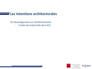 Les intentions architecturales
•3/ Reconfiguration et rafraîchissement
- 3 salles de maternelle dans EC2
 