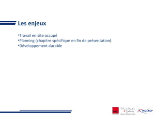 Les enjeux
•Travail en site occupé
•Planning (chapitre spécifique en fin de présentation)
•Développement durable
 