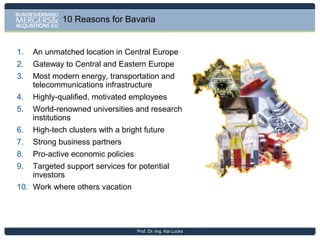 Growing Foreign Trade from Germany

• Demand from established exportation goods customers (EU, USA)
slightly shrinking. Asian requests for German quality steadily
growing
• Especially expectations for consumer goods continue to be positive
for foreign trade
• Exports growing double digit in 2010, in 2011 +8,2%. Prognosis for
2012 growht stable but smaller
• Qualitatively high value and specialized products of German
companies ensure strong position in global export markets

Prof. Dr.-Ing. Kai Lucks

 