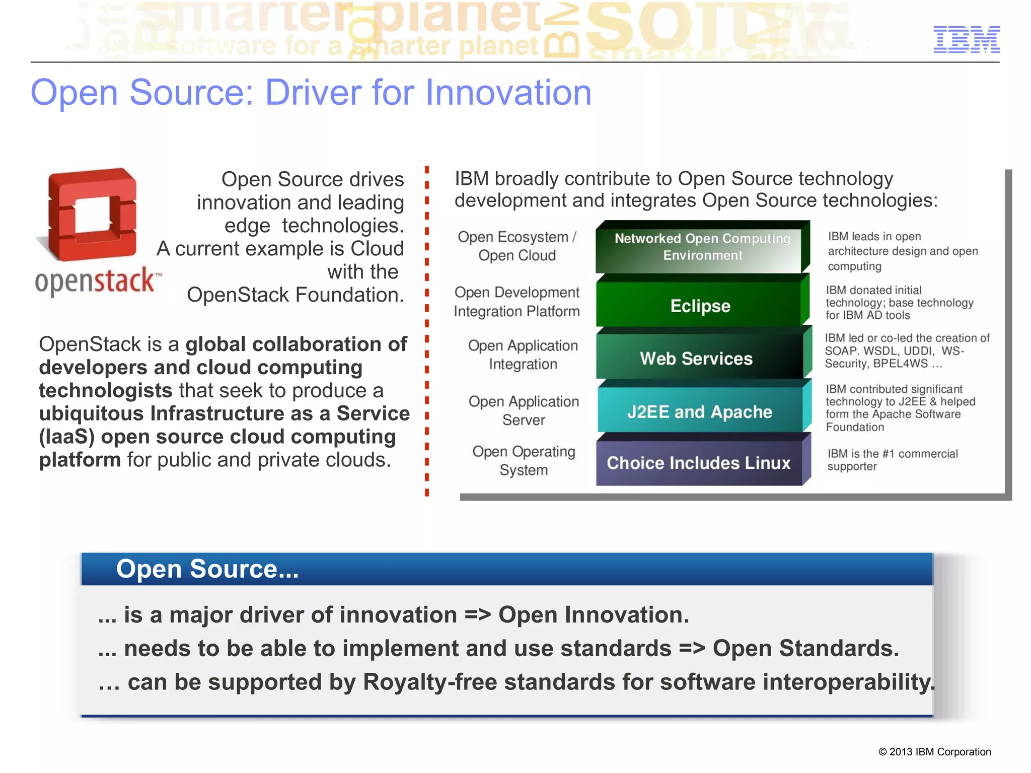 Open Source: Driver for Innovation

                   Open Source drives     IBM broadly contribute to Open Source technology
                innovation and leading    development and integrates Open Source technologies:
                   edge technologies.
            A current example is Cloud
                              with the
               OpenStack Foundation.

OpenStack is a global collaboration of
developers and cloud computing
technologists that seek to produce a
ubiquitous Infrastructure as a Service
(IaaS) open source cloud computing
platform for public and private clouds.




        Open Source...
      ... is a major driver of innovation => Open Innovation.
      ... needs to be able to implement and use standards => Open Standards.
      … can be supported by Royalty-free standards for software interoperability.

                                                                                       © 2013 IBM Corporation
 