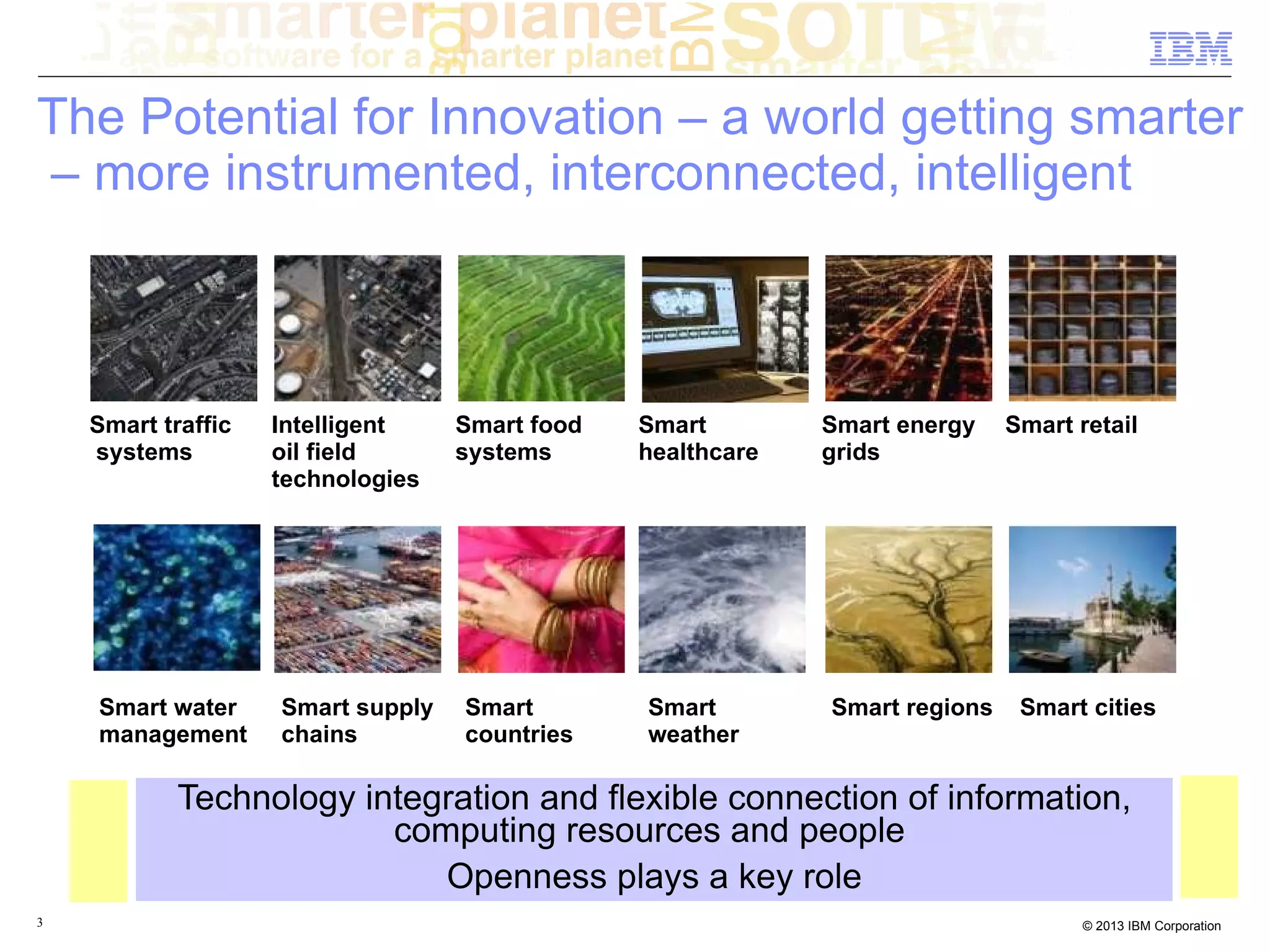 The Potential for Innovation – a world getting smarter
– more instrumented, interconnected, intelligent



    Smart traffic   Intelligent    Smart food   Smart        Smart energy    Smart retail
    systems         oil field      systems      healthcare   grids
                    technologies




    Smart water     Smart supply   Smart        Smart        Smart regions    Smart cities
    management      chains         countries    weather

            Technology integration and flexible connection of information,
                         computing resources and people
                            Openness plays a key role
3                                                                                   © 2013 IBM Corporation
 