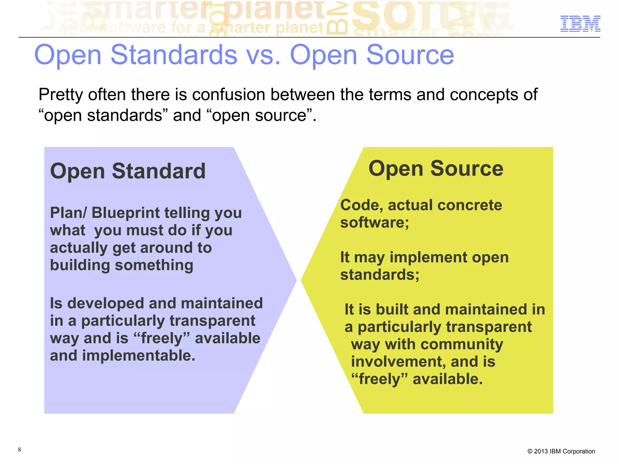 Open Standards vs. Open Source
    Pretty often there is confusion between the terms and concepts of
    “open standards” and “open source”.


     Open Standard                            Open Source
     Plan/ Blueprint telling you           Code, actual concrete
     what you must do if you               software;
     actually get around to
                                           It may implement open
     building something
                                           standards;
     Is developed and maintained           It is built and maintained in
     in a particularly transparent         a particularly transparent
     way and is “freely” available          way with community
     and implementable.                     involvement, and is
                                            “freely” available.



8                                                                    © 2013 IBM Corporation
 