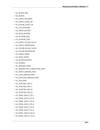Ring Documentation, Release 1.7
• GL_BLEND_SRC
• GL_BLEND
• GL_LOGIC_OP_MODE
• GL_INDEX_LOGIC_OP
• GL_COLOR_LOGIC_OP
• GL_AUX_BUFFERS
• GL_DRAW_BUFFER
• GL_READ_BUFFER
• GL_SCISSOR_BOX
• GL_SCISSOR_TEST
• GL_INDEX_CLEAR_VALUE
• GL_INDEX_WRITEMASK
• GL_COLOR_CLEAR_VALUE
• GL_COLOR_WRITEMASK
• GL_INDEX_MODE
• GL_RGBA_MODE
• GL_DOUBLEBUFFER
• GL_STEREO
• GL_RENDER_MODE
• GL_PERSPECTIVE_CORRECTION_HINT
• GL_POINT_SMOOTH_HINT
• GL_LINE_SMOOTH_HINT
• GL_POLYGON_SMOOTH_HINT
• GL_FOG_HINT
• GL_TEXTURE_GEN_S
• GL_TEXTURE_GEN_T
• GL_TEXTURE_GEN_R
• GL_TEXTURE_GEN_Q
• GL_PIXEL_MAP_I_TO_I
• GL_PIXEL_MAP_S_TO_S
• GL_PIXEL_MAP_I_TO_R
• GL_PIXEL_MAP_I_TO_G
• GL_PIXEL_MAP_I_TO_B
• GL_PIXEL_MAP_I_TO_A
• GL_PIXEL_MAP_R_TO_R
• GL_PIXEL_MAP_G_TO_G
1277
 