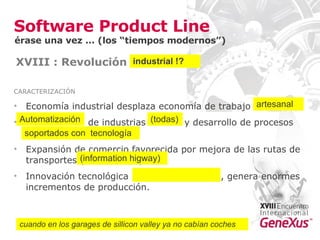 Software Product Line XVIII : Revolución   CARACTERIZACIÓN Economía industrial desplaza economía de trabajo manual. Mecanización de industrias textiles y desarrollo de procesos del hierro. Expansión de comercio favorecida por mejora de las rutas de transportes (el ferrocarril).  Innovación tecnológica (máquina de vapor), genera enormes incrementos de producción. Automatización soportados con  tecnología (information higway) (todas) industrial !? artesanal érase una vez … (los “tiempos modernos”) cuando en los garages de sillicon valley ya no cabían coches 
