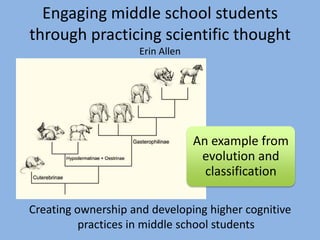 Engaging middle school students
through practicing scientific thought
                     Erin Allen




                                  An example from
                                   evolution and
                                    classification

Creating ownership and developing higher cognitive
          practices in middle school students
 
