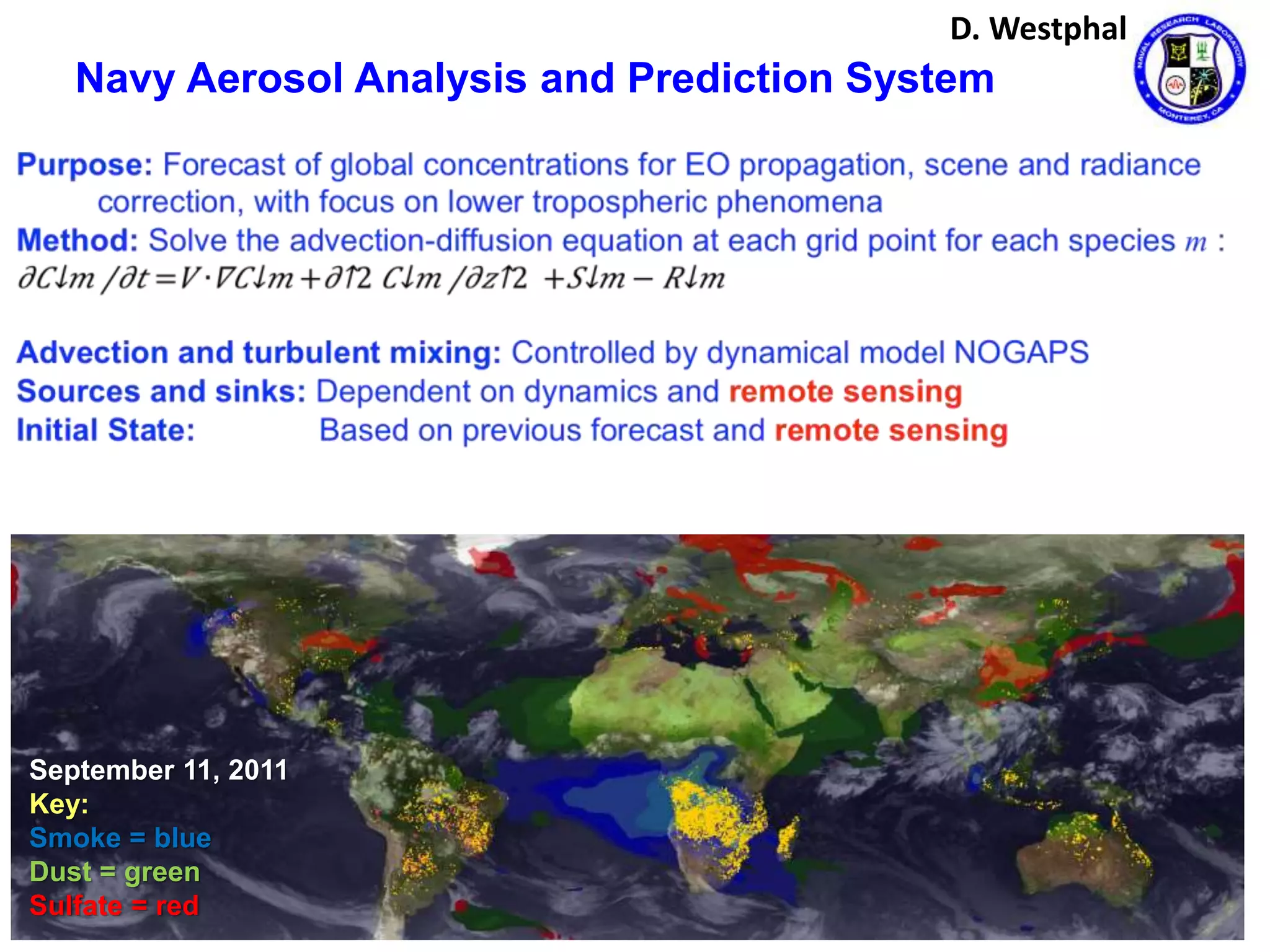Navy Aerosol Analysis and Prediction System
September 11, 2011
Key:
Smoke = blue
Dust = green
Sulfate = red
D. Westphal
 
