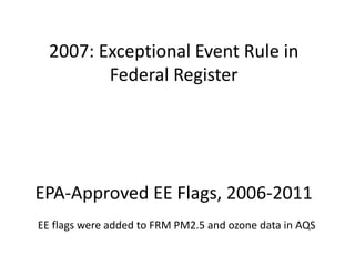 2007: Exceptional Event Rule in
Federal Register
EPA-Approved EE Flags, 2006-2011
EE flags were added to FRM PM2.5 and ozone data in AQS
 