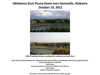 Oklahoma Dust Plume Event over Huntsville, Alabama
October 19, 2012
NSSTC Rooftop Camera, Looking East, without and with Dust
Kevin Knupp, Michael Newchurch, Udaysankar Nair, Dustin Phillips, David Bowdle, Shih Kuang, Wesley Cantrel,
University of Alabama in Huntsville
Kathy Jones
Chattanooga-Hamilton County Air Pollution Control Bureau
Claire Aiello
WHNT TV, Huntsville, Alabama
Atmospheric Science Brown Bag Mini-Seminar, October 23, 2012
 