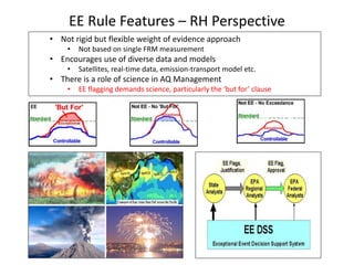 EE Rule Features – RH Perspective
• Not rigid but flexible weight of evidence approach
• Not based on single FRM measurement
• Encourages use of diverse data and models
• Satellites, real-time data, emission-transport model etc.
• There is a role of science in AQ Management
• EE flagging demands science, particularly the ‘but for’ clause
 