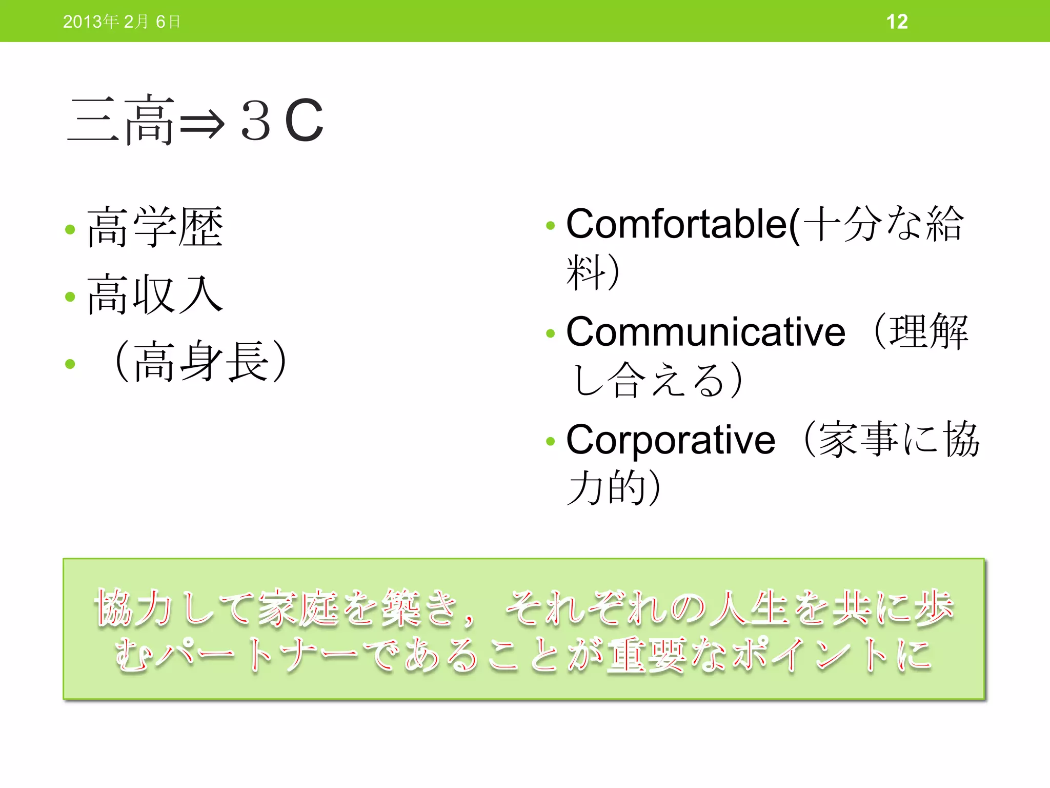 2013年 2月 6日                 12




三高⇒３C
• 高学歴         • Comfortable(十分な給
                料）
• 高収入
              • Communicative（理解
• （高身長）         し合える）
              • Corporative（家事に協
                力的）
 