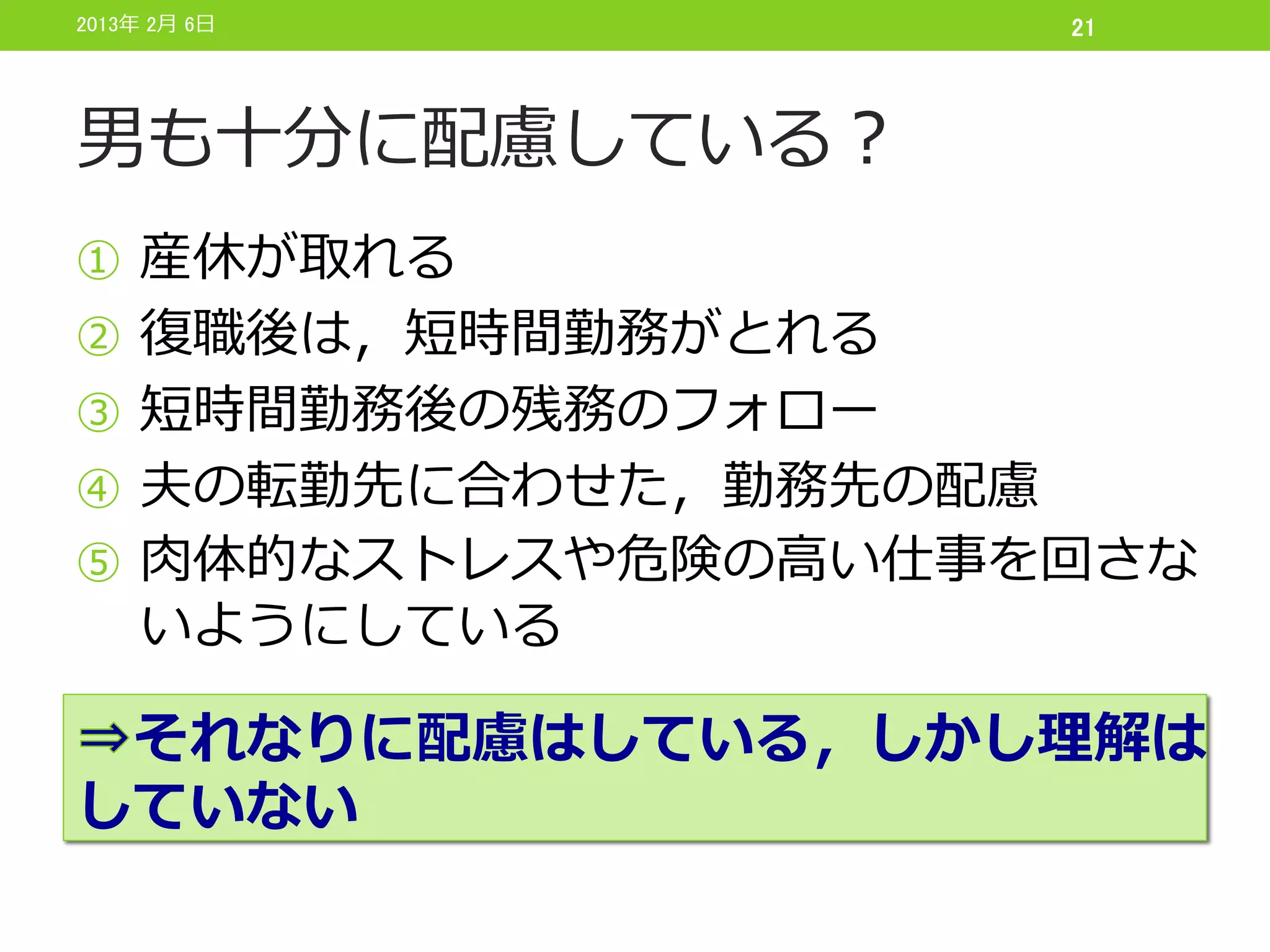 2013年 2月 6日           21




男も十分に配慮している？
① 産休が取れる
② 復職後は，短時間勤務がとれる
③ 短時間勤務後の残務のフォロー
④ 夫の転勤先に合わせた，勤務先の配慮
⑤ 肉体的なストレスや危険の高い仕事を回さな
     いようにしている

 それなりに配慮はしている，しかし理解は
していない
 