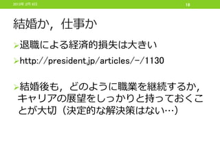 2013年 2月 6日                            18




結婚か，仕事か
退職による経済的損失は大きい
http://president.jp/articles/-/1130


結婚後も，どのように職業を継続するか，
 キャリアの展望をしっかりと持っておくこ
 とが大切（決定的な解決策はない…）
 