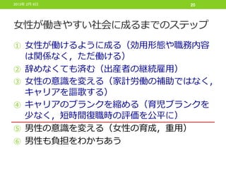 2013年 2月 6日            20



女性が働きやすい社会に成るまでのステップ
① 女性が働けるように成る（効用形態や職務内容
     は関係なく，ただ働ける）
②    辞めなくても済む（出産者の継続雇用）
③    女性の意識を変える（家計労働の補助ではなく，
     キャリアを謳歌する）
④    キャリアのブランクを縮める（育児ブランクを
     少なく，短時間復職時の評価を公平に）
⑤    男性の意識を変える（女性の育成，重用）
⑥    男性も負担をわかちあう
 
