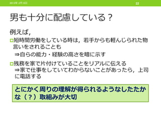 2013年 2月 6日              22




男も十分に配慮している？
例えば，
短時間労働をしている時は，若手からも軽んじられた物
 言いをされることも
 ⇒自らの能力・経験の高さを暗に示す
残務を家で片付けていることをリアルに伝える
  ⇒家で仕事をしていてわからないことがあったら，上司
  に電話する

  とにかく周りの理解が得られるようなしたたか
  な（？）取組みが大切
 