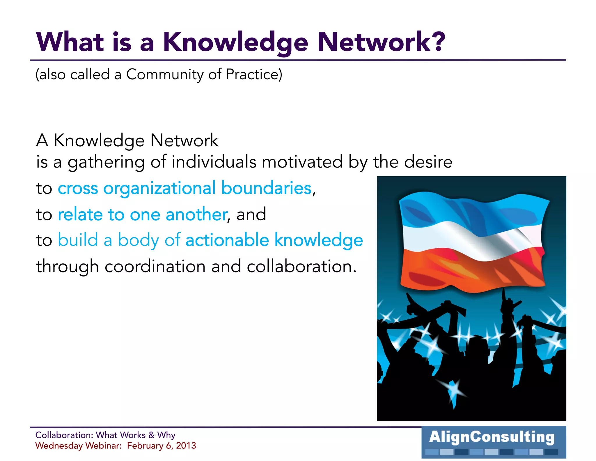 What is a Knowledge Network?
(also called a Community of Practice)



A Knowledge Network
is a gathering of individuals motivated by the desire
to cross organizational boundaries,
to relate to one another, and
to build a body of actionable knowledge
through coordination and collaboration.




Collaboration: What Works & Why
Wednesday Webinar: February 6, 2013
 