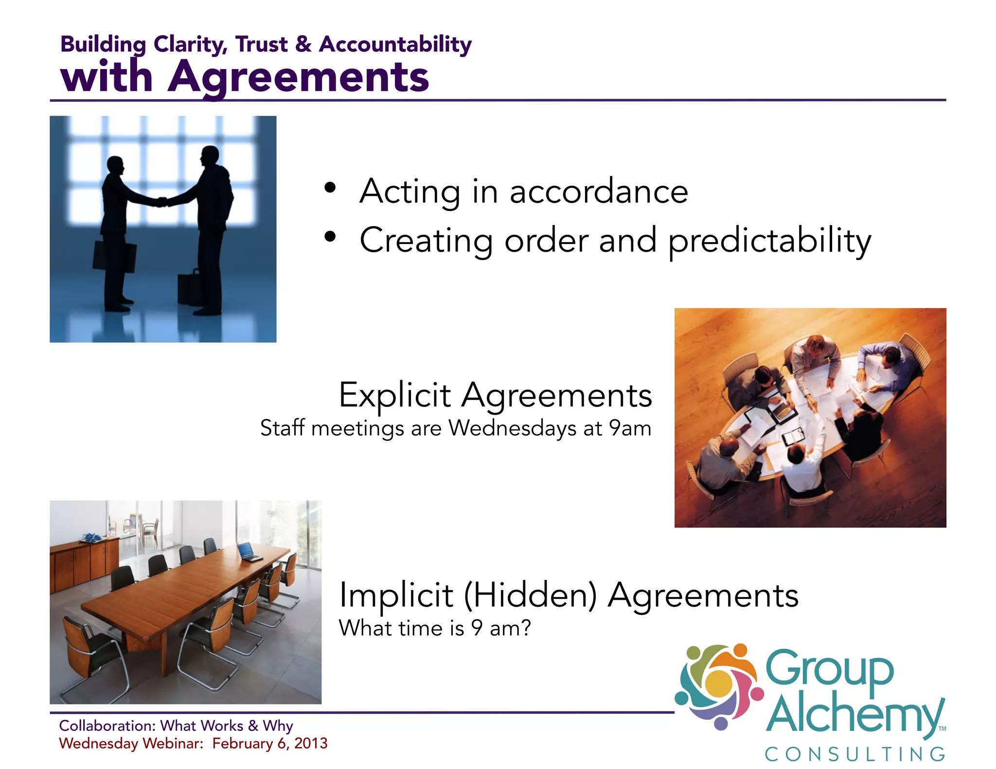 Building Clarity, Trust & Accountability
with Agreements

                                  •  Acting in accordance
                                  •  Creating order and predictability


                                      Explicit Agreements
                          Staff meetings are Wednesdays at 9am$




                                      Implicit (Hidden) Agreements
                                      What time is 9 am?



Collaboration: What Works & Why
Wednesday Webinar: February 6, 2013
 