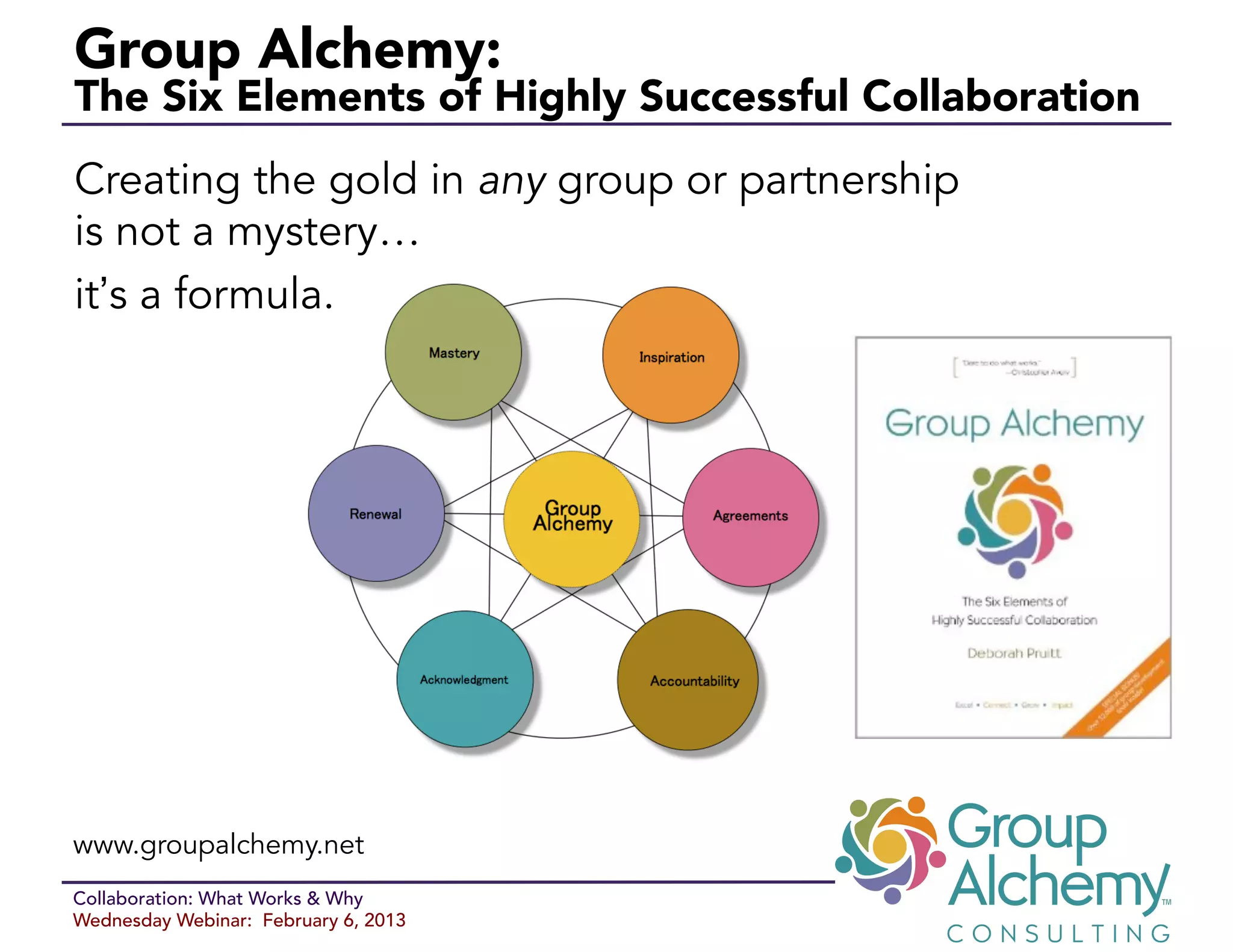 Group Alchemy:
The Six Elements of Highly Successful Collaboration
Creating the gold in any group or partnership
is not a mystery…
it’s a formula.




www.groupalchemy.net
Collaboration: What Works & Why
Wednesday Webinar: February 6, 2013
 