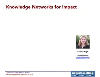 Knowledge Networks for Impact




                                        Katrina Pugh

                                        Align Consulting
                                       alignconsultinginc.com
                                      katepugh@alum.mit.edu




Collaboration: What Works & Why
Wednesday Webinar: February 6, 2013
 