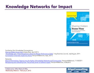 Knowledge Networks for Impact




Facilitating Tacit Knowledge Conversations:
Sharing Hidden Know-How (Jossey-Bass, April 2011)
“Knowledge Jam: Three Disciplines to Beat the Merger Performance Odds,” Ivey Business Journal, July/August, 2011.
Conversation Channels insight Into Action NonprofitWebinars, Sept, 2011)

Networks:
Beyond Partnerships: Tapping into the Agility of Knowledge Networks and Communities, NonprofitWebinars, 11/30/2011
Recognizing and cultivating trust: The primary driver of network impact, NonprofitWebinars, 3/28/2012



Collaboration: What Works & Why
Wednesday Webinar: February 6, 2013
 