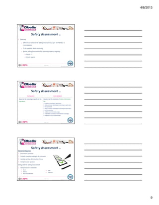 4/8/2013
9
• Remark
o Differences between the Safety Assessment as per 76/768/EEC &
1223/2009/EC
Safety Assessment (2)
© Obelis s.a. 2012
Version 1, Revised on 09.01.2012
1223/2009/EC
o To be updated when necessary
o Special Safety Assessment for cosmetic products targeting
Children <3
Intimate hygiene
Safety Assessment (3)
76/768/EEC 1223/2009/EC
Based on the toxicological profile of the
ingredients
Based on all the elements of Safety Information
File
© Obelis s.a. 2012
Version 1, Revised on 09.01.2012
1. Qualitative & quantitative specifications
2. Physico-chemical, microbiological & toxicological specifications
of the raw materials
3. Physico-chemical, microbiological & toxicological specifications
of the finished product
4. Stability Test of the finished product
5. Compatibility Test between the formulation its packaging
6. Challenge test of the finished product
Safety Assessment (4)
Elements Required:
1. Assessment conclusion
2. Scientific reasoning leading to the conclusion
3 Labeling warnings & instructions for use
© Obelis s.a. 2012
Version 1, Revised on 09.01.2012
3. Labeling warnings & instructions for use
4. Safety Assessor signature
Along with the Safety Assessment
1. Safety Assessor’s credentials
1. Name
2. Address
3. Proof of qualification
4. Date
5. Signature
 