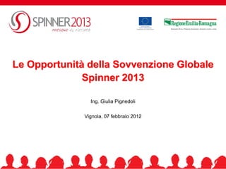 Le Opportunità della Sovvenzione Globale
              Spinner 2013

                Ing. Giulia Pignedoli

              Vignola, 07 febbraio 2012




                                          1
 