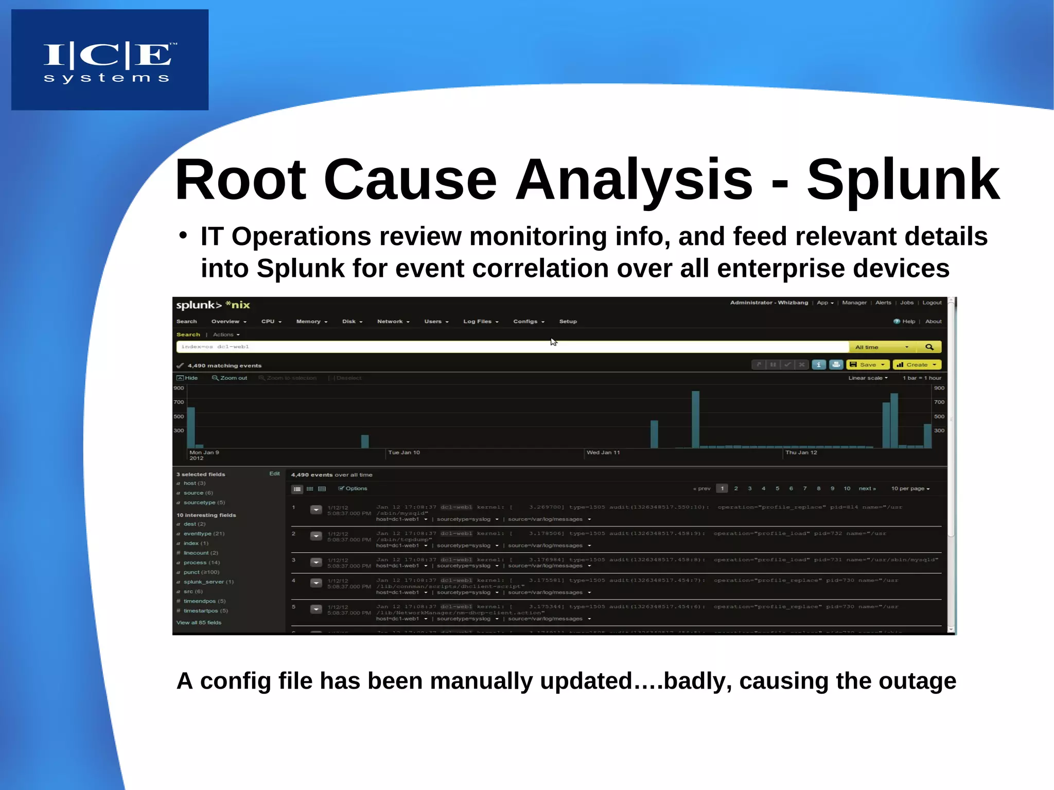 Root Cause Analysis - Splunk
• IT Operations review monitoring info, and feed relevant details
  into Splunk for event correlation over all enterprise devices




A config file has been manually updated….badly, causing the outage
 