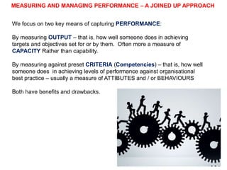 MEASURING AND MANAGING PERFORMANCE – A JOINED UP APPROACH

We focus on two key means of capturing PERFORMANCE:
By measuring OUTPUT – that is, how well someone does in achieving
targets and objectives set for or by them. Often more a measure of
CAPACITY rather than capability.

By measuring against preset CRITERIA (Competencies) – that is, how well
someone does in achieving levels of performance against organisational
best practice – usually a measure of ATTRIBUTES and / or BEHAVIOURS
Both have benefits and drawbacks.

 