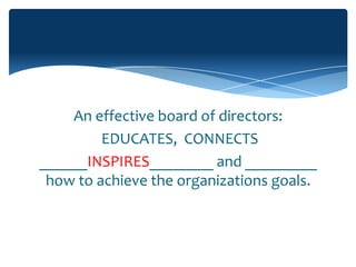 An effective board of directors:
         EDUCATES, CONNECTS
______INSPIRES________ and _________
 how to achieve the organizations goals.
 