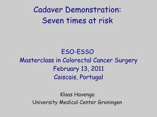 Cadaver Demonstration:  Seven times at risk  ESO-ESSO  Masterclass in Colorectal Cancer Surgery February 13, 2011 Caiscais, Portugal Klaas Havenga University Medical Center Groningen 