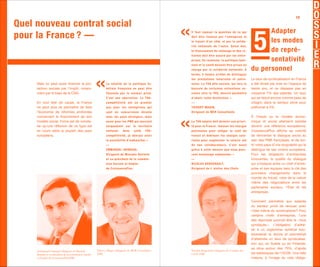 19

Quel nouveau contrat social
                                                                                                                                                                                       Adapter
pour la France ? —
                                                                                                                      Il fa ut r e pose r l a que sti on de c e qui
                                                                                                                      doi t ê tr e fi na nc é pa r l ’e ntr e pr i se e t
                                                                                                                      l e tr a va i l d’un c ôté , e t pa r l a sol i da -             les modes
                                                                                                                      r i té na ti ona l e de l ’a utr e . Se l on m oi ,
                                                                                                                      l e fi na nc e m e nt du c hôm a ge e t de s r e -               de repré-
                                                                                                                      tr a i te s doi t ê tr e a ssur é pa r l e s e ntr e -
                                                                                                                      pr i se s. E n r e va nc he , l a pol i ti que fa m i -          sentativité
                                                                                                                      l ia l e e t l a sa nté doi ve nt ê tr e pr i se s e n
                                                                                                                      cha r ge pa r l a sol i da r i té na ti ona l e . À        du personnel
                                                                                                                      te r m e , i l fa udr a a r r ê te r de di sti ngue r
                                                                                                                      l es pr e sta ti ons sa l a r i a l e s e t pa tr o-       Le taux de syndicalisation en France
     Mais on peut aussi financer la pro-                        L a t o t a l i t é d e l a p o l i t i q u e fa -    na l e s. L a TVA di te soc i a l e , qui fe r a l a       a été divisé par trois en l’espace de
     tection sociale par l’impôt, notam-                        mi l i a l e f r a n ç a i se n e p e u t ê t r e     ba sc ul e de c e r ta i ne s c oti sa ti ons so-          trente ans, et ne dépasse pas en
     ment par le biais de la CSG.                               f i n a n c é e p a r l e se c t e u r p r i vé .     ci a l e s ve r s l a TVA , de vr a i t pe r m e ttr e     moyenne 7% des salariés. Un taux
                                                                C ’ e st u n e a b e r r a t i o n . L a T VA -       d’a bol i r c e tte di sti nc ti on. »                     qui se réduit encore comme peau de
     En tout état de cause, la France                           c o mp é t i t i vi t é e st u n p r e mi e r         —                                                          chagrin dans le secteur privé pour
     ne peut plus se permettre de faire                         p a s p o u r l e s e n t r e p r i se s q u i        T H I E R RY M A G I N ,                                   plafonner à 5%.
     l’économie de réformes profondes                           so n t e n c o n c u r r e n c e d i r e c t e        Dirigeant de MCR Consultants
     concernant le financement de son                           a ve c l e s p a ys é t r a n g e r s, ma i s                                                                    À l’heure où le modèle écono-
     modèle social. Force est de consta-                        a u ssi p o u r l e s P M E q u i œ u vr e n t        L a TVA e m pl oi doi t de ve ni r une pr i or i -         mique et social allemand semble
     ter qu’une réflexion de ce type est                        u n i q u e me n t su r l e t e r r i t o i r e       t é pour l a F r a nc e : ba i sse r l e s c ha r ge s     devenir une référence européenne,
     en cours dans la plupart des pays                          national.         Ave c       cette        T VA -     pa tr ona l e s pour a l l é ge r l e c oût du             CroissancePlus affiche sa volonté
     européens.                                                 c o mp é t i t i vi t é , j e d e vr a i s a vo i r   t r a va i l e t di m i nue r l e s c ha r ge s sa l a -   de réinventer le dialogue social au
                                                                l a p o ssi b i l i t é d ’ e mb a u c h e r. »       r i a l e s pour a ugm e nte r l e sa l a i r e ne t       sein des PME françaises, et de sor-
                                                                —                                                     de nos c ol l a bor a te ur s. C’ e st a ussi              tir notre pays d’une singularité qui le
                                                                E M M A N U E L G R IM A U D,                         gr â c e à c e tte m e sur e que nous pour-                distingue de ses voisins européens.
                                                                Dirigeant de Maximis Retraite                         r ons da va nta ge e m ba uc he r. »                       Pour les dirigeants d’entreprises
                                                                et co-président de la commis-                         —                                                          innovantes, la qualité du dialogue
                                                                sion Sociale et Emploi                                N I CO L A S B E R G E R A U LT,                           qui s’instaure entre un chef d’entre-
                                                                de CroissancePlus                                     D i r i ge a nt de L ’a te l i e r de s Che fs             prise et ses équipes sera la clé des
                                                                                                                                                                                 prochains changements dans le
                                                                                                                                                                                 monde du travail, voire de la nature
                                                                                                                                                                                 même des négociations entre les
                                                                                                                                                                                 partenaires sociaux, l’Etat et les
                                                                                                                                                                                 entreprises.

                                                                                                                                                                                 Comment permettre aux salariés
                                                                                                                                                                                 du secteur privé de renouer avec
                                                                                                                                                                                 l’idée même du syndicalisme ? Pour
                                                                                                                                                                                 certains chefs d’entreprise, l’une
                                                                                                                                                                                 des réponses pourrait être le « tous
                                                                                                                                                                                 syndiqués ». L’obligation d’adhé-
                                                                                                                                                                                 rer à un organisme syndical bou-
                                                                                                                                                                                 leverserait la donne et permettrait
                                                                                                                                                                                 d’atteindre un taux de syndicalisa-
                                                                                                                                                                                 tion qui, en Suède ou en Finlande,
                                                                                                                                                                                 se situe autour des 70%, d’après
     Emmanuel Grimaud, Dirigeant de Maximis              Thierry Magin, Dirigeant de MCR Consultants                  Nicolas Bergerault, Dirigeant de L’atelier des
     Retraite et co-président de la commission Sociale   (DR)                                                         Chefs (DR)                                                 les statistiques de l’OCDE. Une telle
     et Emploi de CroissancePlus(DR)                                                                                                                                             mesure, à l’image du vote obliga-
 