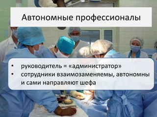 Автономные профессионалы




•   руководитель = «администратор»
•   сотрудники взаимозаменяемы, автономны
    и сами направляют шефа
 