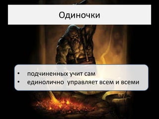 Одиночки




•   подчиненных учит сам
•   единолично управляет всем и всеми
 