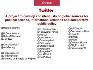 @olgag

                                     Twitter
   A project to develop consitent lists of global sources for
   political science, international relations and comparative
                           public policy
@ReutersScience                                        @JeffDSachs
                                    @B_Eichengreen
                                    @FukuyamaFrancis   @CondoleezzaRice
@DrOmarAshour                                          @Lagarde
                                    @ProSyn
@SultanAlQassem                                        @dilmabr
                                    @pewresearch
@Joe_Nye                                               @Jiwert
                                    @BrookingsInst
                                    @PIIE_com          @ChathamHouse
@ChinaDailyUSA                                         @EU_Eurostat
                                    @StanleyFound
@AsiaSociety                                           @PresseuropFR
                                    @fttheworld
                                    @SangerNYT
@FelipeCalderon
                                    @NickKristof
@JordyHerreraF
                                    @ProPublica
(Secretario de Energía de Méjico)
 
