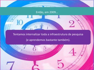 Então, em 2009...
Tentamos internalizar toda a infraestrutura de pesquisa
(e aprendemos bastante também).
 