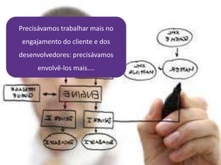 Precisávamos trabalhar mais no
engajamento do cliente e dos
desenvolvedores: precisávamos
envolvê-los mais....
 