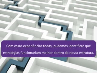 Com essas experiências todas, pudemos identificar que
estratégias funcionariam melhor dentro da nossa estrutura.
 