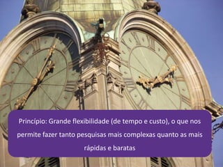 Princípio: Grande flexibilidade (de tempo e custo), o que nos
permite fazer tanto pesquisas mais complexas quanto as mais
rápidas e baratas
 