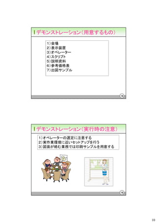 デモンストレーション（用意するもの）
  １）会場
  ２）表示装置
  ３）オペレーター
  ４）スクリプト
  ５）説明資料
  ６）参考価格表
  ７）出図サンプル




                         18




デモンストレーション（実行時の注意）
１）オペレーターの選定に注意する
２）実作業環境に近いセットアップを行う
３）図面が絡む業務では印刷サンプルを用意する




                         19




                              10
 