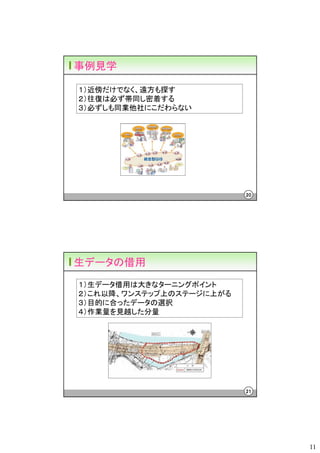事例見学

１）近傍だけでなく、遠方も探す
２）往復は必ず帯同し密着する
３）必ずしも同業他社にこだわらない




                          20




生データの借用
１）生データ借用は大きなターニングポイント
２）これ以降、ワンステップ上のステージに上がる
３）目的に合ったデータの選択
４）作業量を見越した分量




                          21




                               11
 