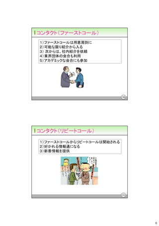 コンタクト（ファーストコール）
１）ファーストコールは用意周到に
２）可能な限り紹介から入る
３） 次からは、社内紹介を依頼
４）業界団体の会合も利用
５）アカデミックな会合にも参加




                            10




コンタクト（リピートコール）
１）ファーストコールからリピートコールは開始される
２）好かれる情報通になる
３）新着情報を提供




                            11




                                 6
 