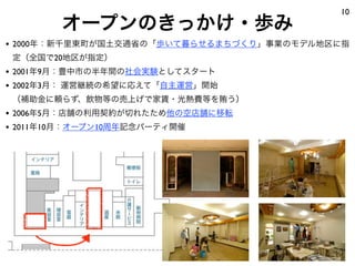 10
       オープンのきっかけ・歩み
• 2000年：新千里東町が国土交通省の「歩いて暮らせるまちづくり」事業のモデル地区に指
定（全国で20地区が指定）
• 2001年9月：豊中市の半年間の社会実験としてスタート
• 2002年3月： 運営継続の希望に応えて「自主運営」開始
（補助金に頼らず、飲物等の売上げで家賃・光熱費等を賄う）
• 2006年5月：店舗の利用契約が切れたため他の空店舗に移転
• 2011年10月：オープン10周年記念パーティ開催
 