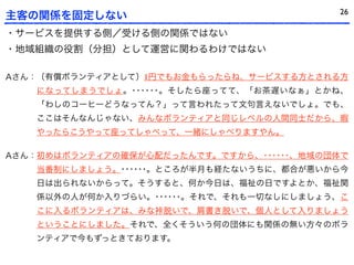 26
主客の関係を固定しない
・サービスを提供する側／受ける側の関係ではない
・地域組織の役割（分担）として運営に関わるわけではない

Aさん：〔有償ボランティアとして〕1円でもお金もらったらね、サービスする方とされる方
   になってしまうでしょ。･･････。そしたら座ってて、「お茶遅いなぁ」とかね、
   「わしのコーヒーどうなってん？」って言われたって文句言えないでしょ。でも、
   ここはそんなんじゃない、みんなボランティアと同じレベルの人間同士だから、暇
   やったらこうやって座ってしゃべって、一緒にしゃべりますやん。

Aさん：初めはボランティアの確保が心配だったんです。ですから、･･････、地域の団体で
   当番制にしましょう。･･････。ところが半月も経たないうちに、都合が悪いから今
   日は出られないからって。そうすると、何か今日は、福祉の日ですよとか、福祉関
   係以外の人が何か入りづらい。･･････。それで、それも一切なしにしましょう、こ
   こに入るボランティアは、みな裃脱いで、肩書き脱いで、個人として入りましょう
   ということにしました。それで、全くそういう何の団体にも関係の無い方々のボラ
   ンティアで今もずっときております。
 