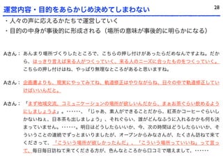 28
運営内容・目的をあらかじめ決めてしまわない
・人々の声に応えるかたちで運営していく
・目的の中身が事後的に形成される（場所の意味が事後的に明らかになる）


Aさん： あんまり場所づくりしたところで、こちらの押し付けがあったらだめなんですよね。だか
    ら、はっきり言えば来る人がつくっていく、来る人のニーズに合ったものをつくっていく。
    こちらの押し付けはね、やっぱり無理なところがあると思いますね。

Aさん： 企画書よりも、現実にやってみてね、軌道修正はやりながらね、日々の中で軌道修正してい
    けばいいんだと。

Aさん： 「まず地域交流、コミュニケーションの場所が欲しいんだから、まぁお茶ぐらい飲めるよう
    にしましょうよ」。･･････、「じゃあ、素人ができることだから、紅茶かコーヒーぐらいし
    かないねぇ、日本茶も出しましょう」、それぐらい、誰がどんなふうに入れるかかも何も決
    まっていません。･･････。明日はどうしたらいいか、今、次の時間はどうしたらいいか、そ
    ういうことの連続でずっとまいりましたが、オープンからみなさんが、たくさん訪ねて来て
    くださって、「こういう場所が欲しかったんだ」、「こういう場所っていいね」って言っ
    て、毎日毎日訪ねて来てくださる方が、色んなところから口コミで増えまして、･･････
 