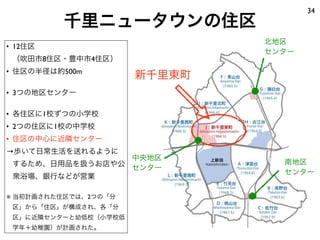34
         千里ニュータウンの住区
                              北地区
• 12住区
                              センター
 （吹田市8住区・豊中市4住区）
• 住区の半径は約500m
                      新千里東町
• 3つの地区センター

• 各住区に1校ずつの小学校
• 2つの住区に1校の中学校
• 住区の中心に近隣センター
→歩いて日常生活を送れるように
                 中央地区
 するため、日用品を扱うお店や公                南地区
                 センター
                                センター
 衆浴場、銀行などが営業

※ 当初計画された住区では、2つの「分
 区」から「住区」が構成され、各「分
 区」に近隣センターと幼低校（小学校低
 学年＋幼稚園）が計画された。
 